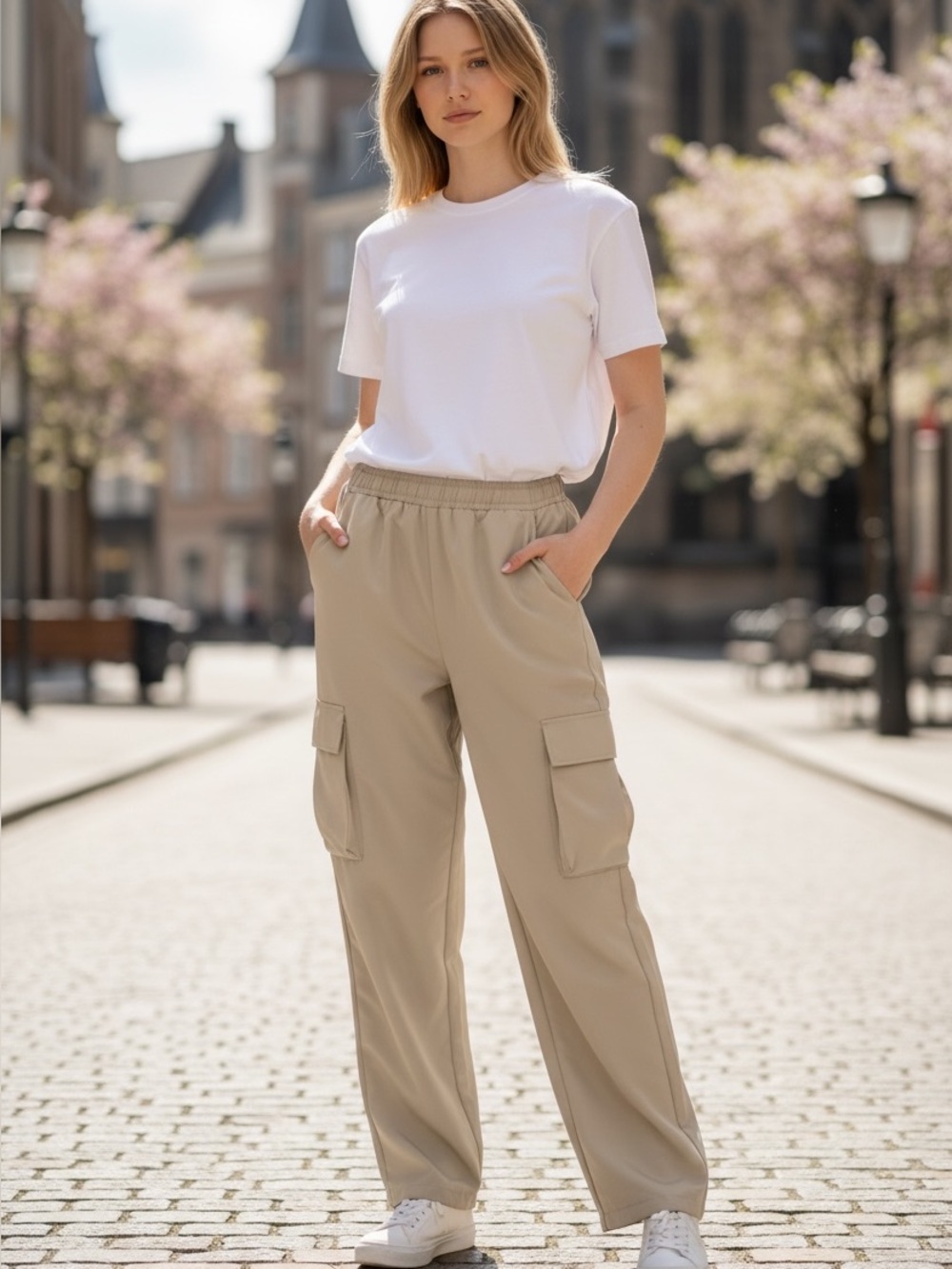 Women's Beige Cargo Pants with Elastic Waist